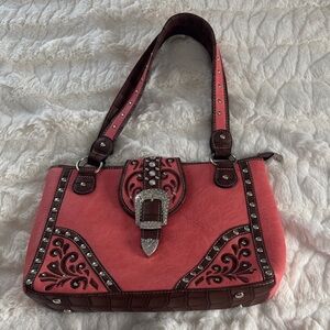 Coral color Embellished Shoulder Bag with Brown Trim and Buckle